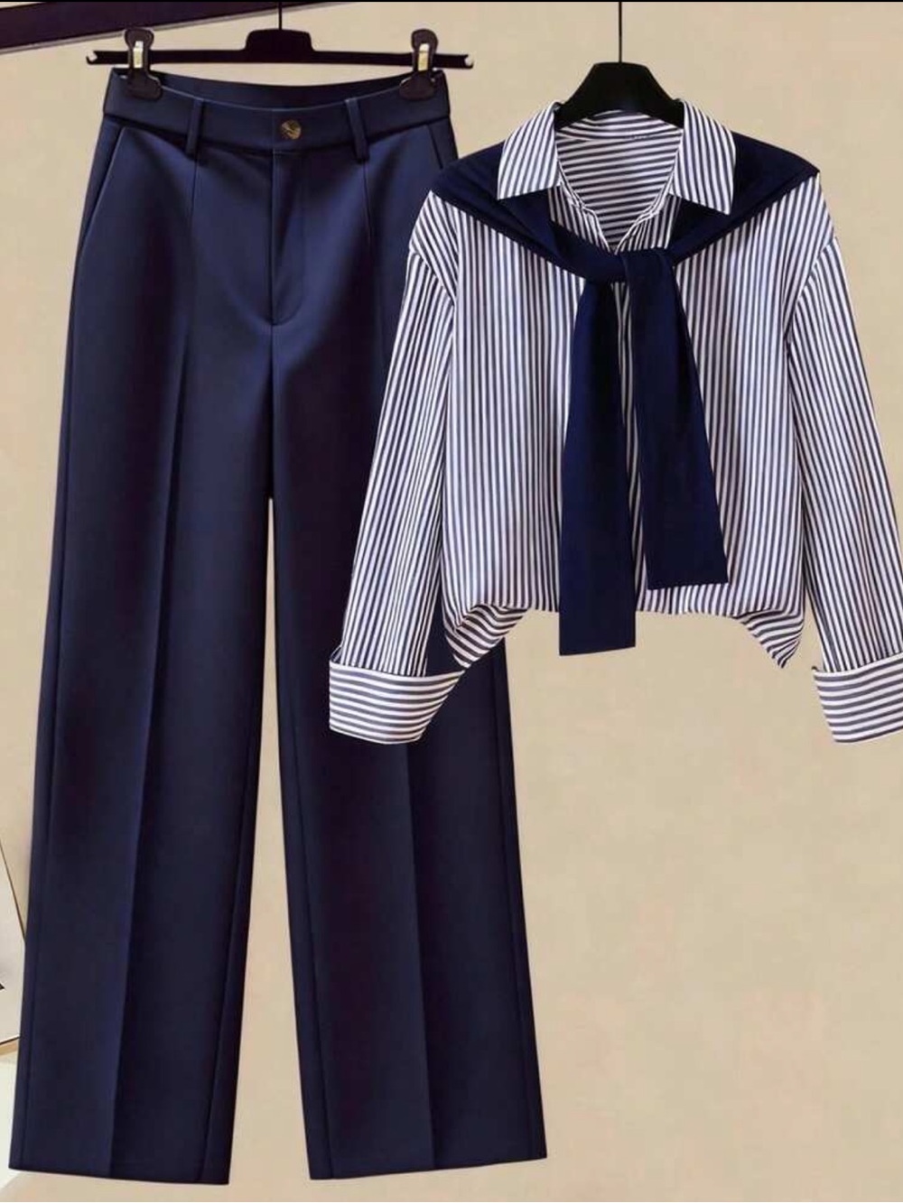 Navy Blue White Fall Winter Chic Office Back-To-School Women Striped